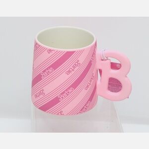 Barbie “B” shape handle pink candy stripe pattern ceramic mug - 21 ounces - NEW